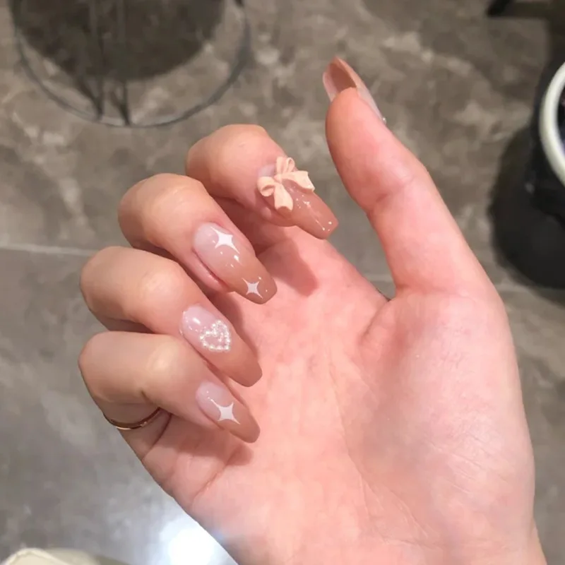 

24pcs Bow Nail Patch Glue Type Removable Long Paragraph Fashion Manicure Save Time False Nail Patch CIN6 899