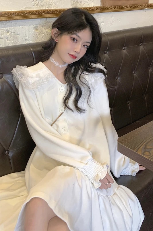 

Korean Style Sweet Girl Lace Sailor Collar Loose Mid-Length Long Sleeve Dress for Women Autumn Winter New sweet lolita dreess