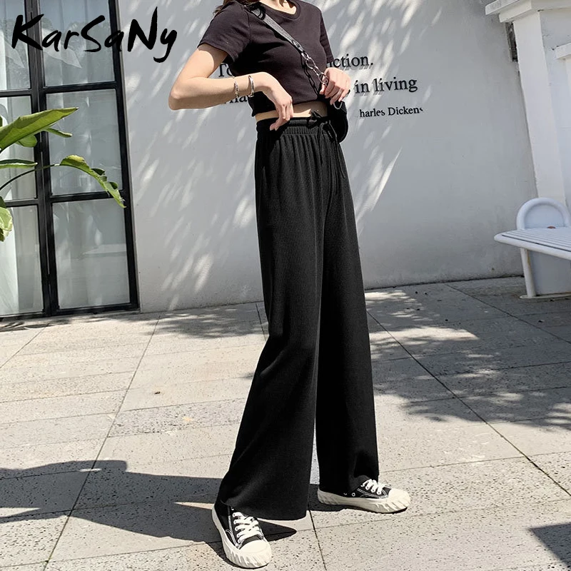 Брюки женские летние шелковые широкие на шнуровке с высокой талией | Женская