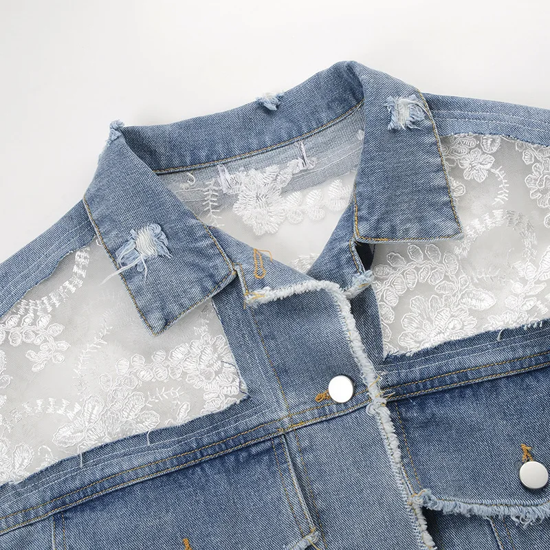 

Fashion Hollow out Denim Jacket Women Embroidery Lace Splice Jacket Jeans Female Washed Jeans Coat Loose Plus Size Denim Coats