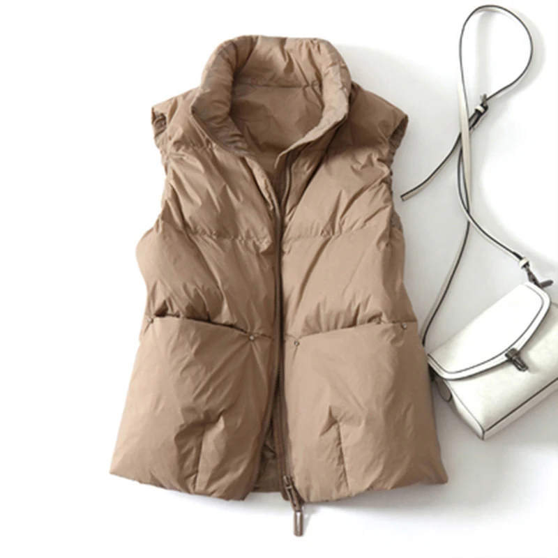 

2021 Winter Women's Warm Solid Stand Collar Vest Waistcoat Windproof Lightweight Gilet Warm Female Duck Down Coat Sleeveless