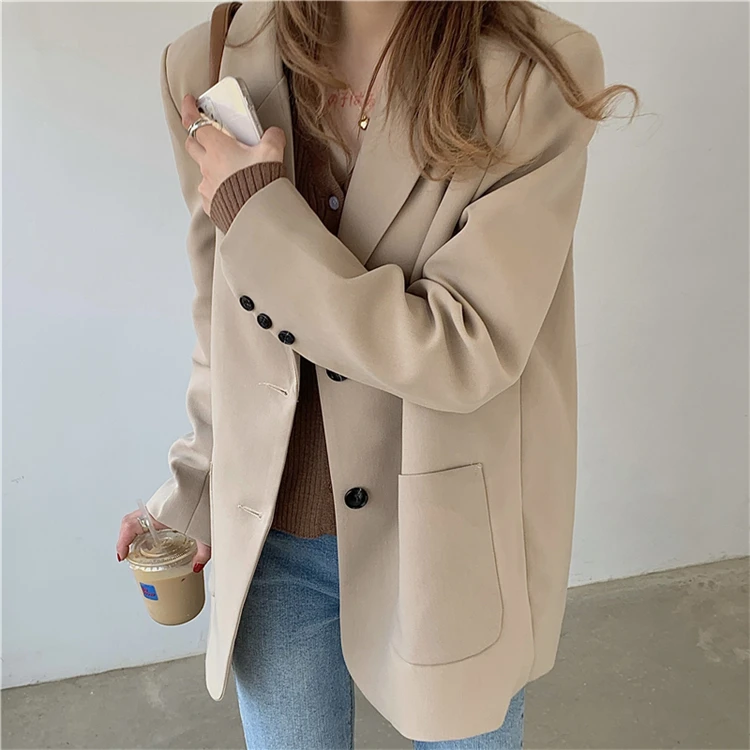 

Korean Style Loose Casual Khaki Blazers Women Minimalist Coat Female Chic Pocket Ladies Blazer Jackets 2021 Spring
