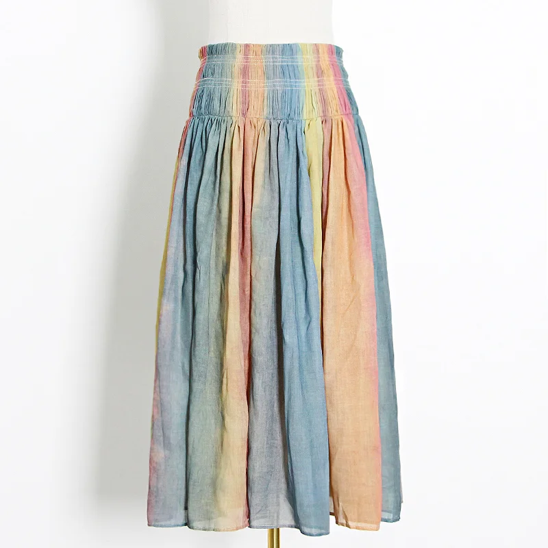 

VGH Patchwork Striped Hit Color Skirt For Women High Waist Tie Dye Casual Midi Skirts Female Fashion New Clothing 2020 Summer