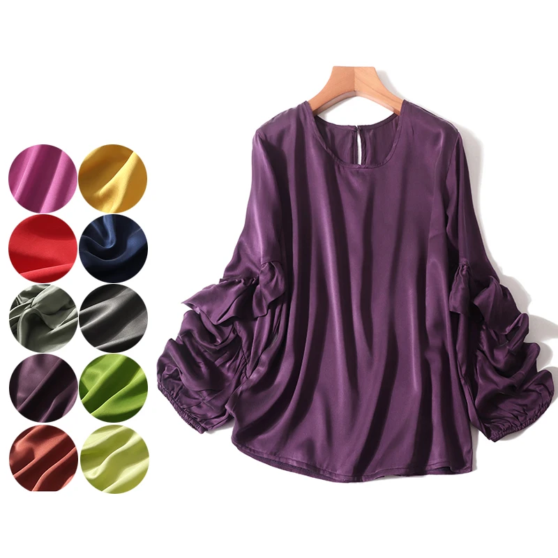Блузка женская шелковая с круглым вырезом элегантный топ из 100% натурального