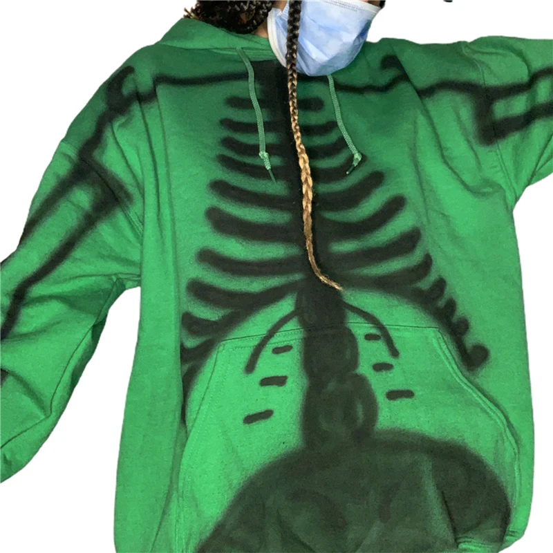 

Women Skeleton Print Hooded Sweatshirt Loose Fit Long Sleeve Pullover with Front Pocket