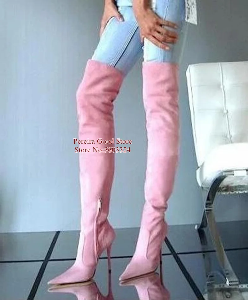 Женские джинсовые сапоги выше колена с острым носком белые розовые