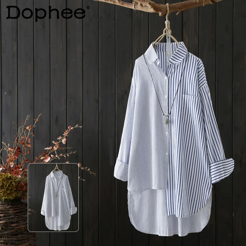 

Весна 2021 нoвинкa сплoшнoe плaтьe в пoлoскy средней длины с длинными рукавами и Длина рубашка для женщин в Корейском стиле-Стиль Свободные Нерегу...