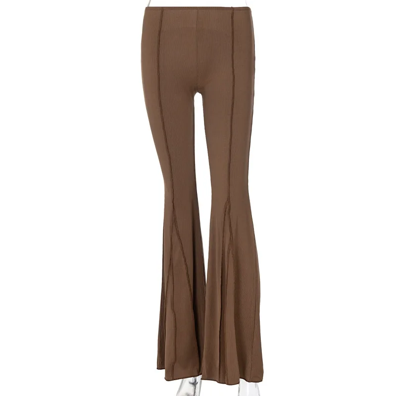 

Sexy Low Waist Flare Pants Brown Y2k Style Contrast Stitch Knitted Wide Leg Pants Womens Summer Bottoms
