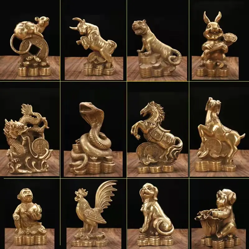 

7"Chinese Folk Collection Old Brass Patina Zodiac set Tiger dog Chick Office Ornaments Town House Exorcism