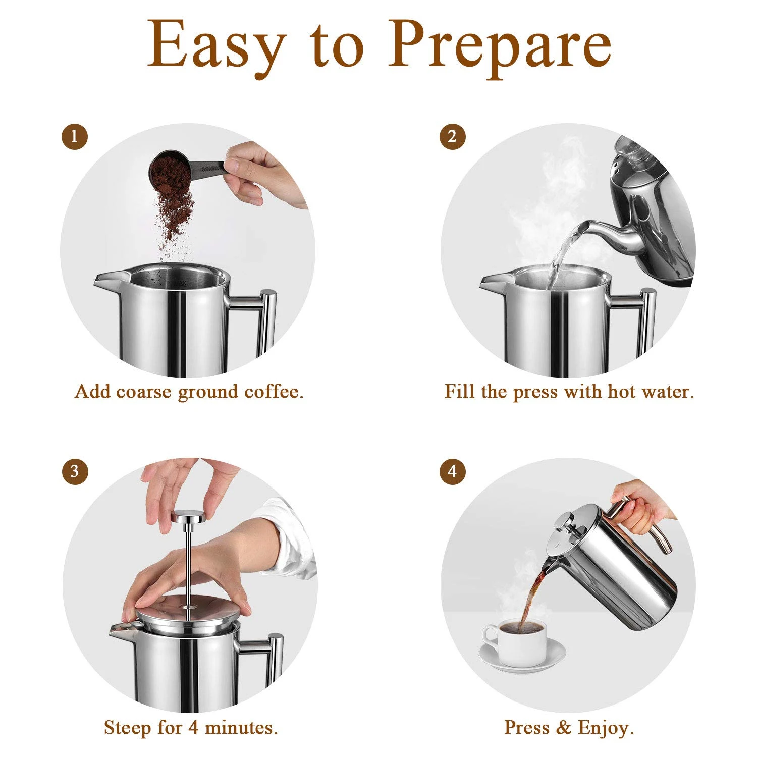 

350/800/1000ML Stainless Steel Double Wall Insulated Coffee Press 4-Level Filtration Systems for Home Office