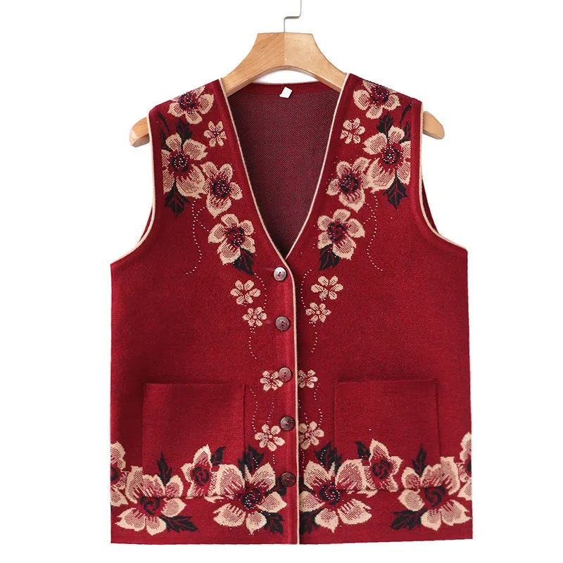 

Fall Middle-aged Elderly Women's V-neck Knitted Cardigan Fashion Sweater Vest Single-breasted Warm Jacket Vintage clothes Casual