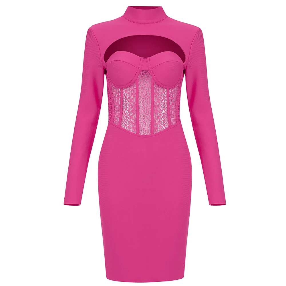 

New Autumn Women Sexy Mesh Wrap Hollow Out Turtleneck Long Sleeve Club Night Party Bandage Dresses