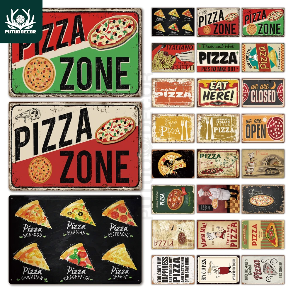 Pizza Zone Tin Sign Plaque Metal Vintage Metal Sign Wall Decor for Cafe Bistro Restaurant Pizza Zone Decorative Metal Plate