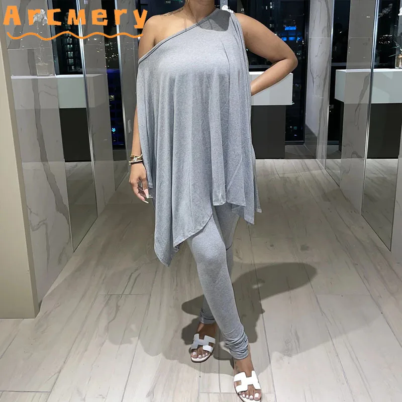 

2 Pieces Sets Women One Shoulder Asymmetrical Hem Sleeveless Top & Bodycon Pants