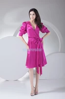 free shipping formal gowns modest with sleeves vestidos plus size short bow rose red v neck evening mother of the bride dresses
