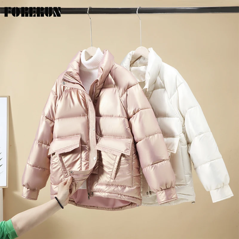 

FORERUN Женская куртка-пуховик, пальто-пузырь большого размера с хлопковой подкладкой, зимняя теплая Глянцевая куртка Casaco Feminino Inverno Manteau Femme