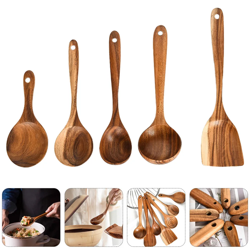 

1 Set 5Pcs Non-stick Wooden Spatula Spoon Kit Soup Spoon Rice Scoop (Coffee)
