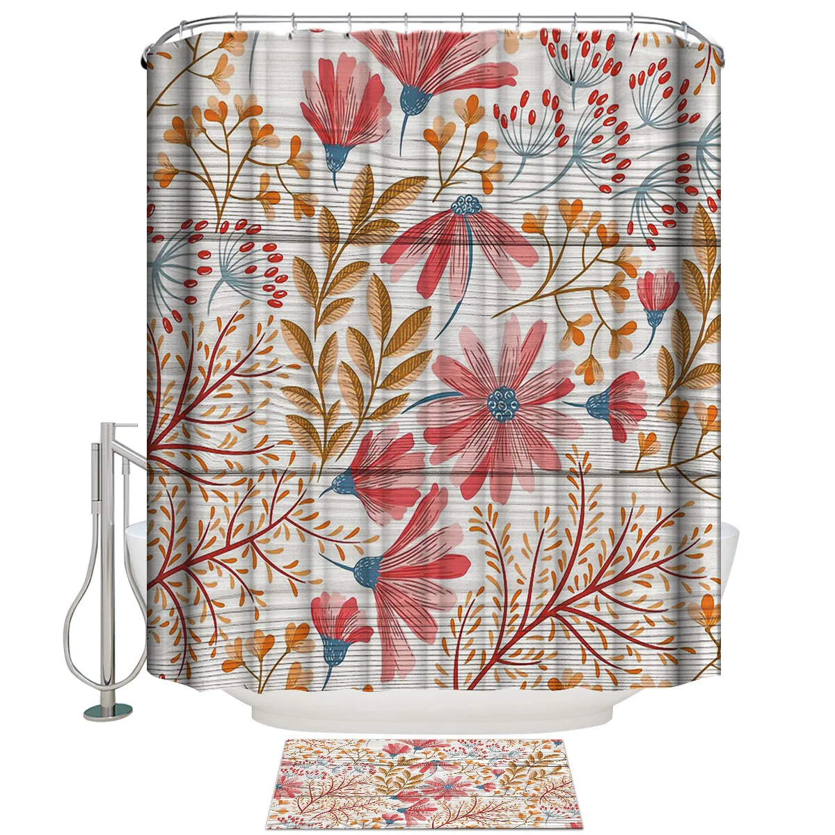 Винтажный фон с деревянной текстурой абстрактные красные цветы набор занавесок