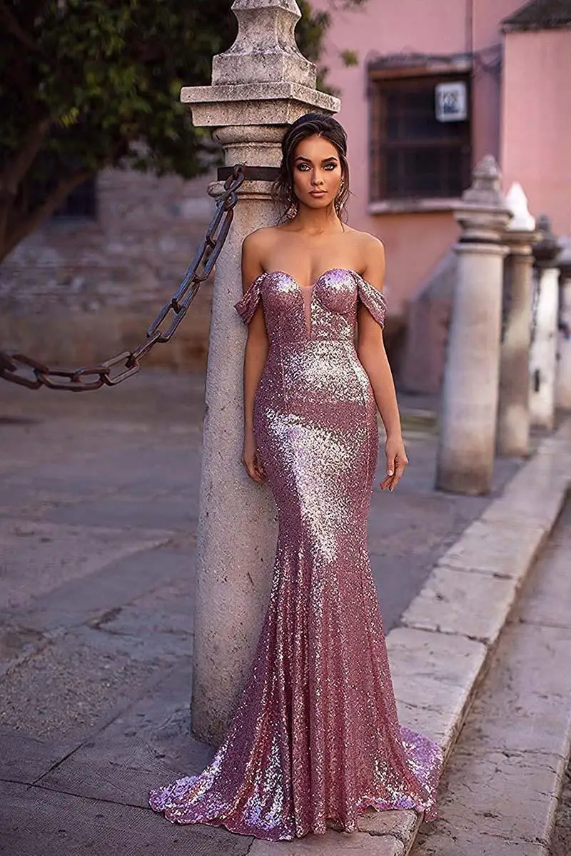 

Rose Gold Mermaid Sequin Prom Evening Gowns Off The Shoulder Cocktail Party Dress for Bride Cap Sleeves Pageant Dress Plus Size