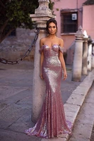 rose gold mermaid sequin prom evening gowns off the shoulder cocktail party dress for bride cap sleeves pageant dress plus size