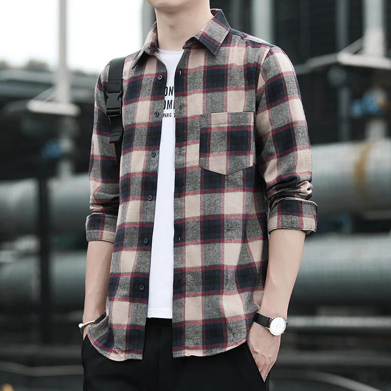 

Luming spring and autumn shirt men's Thin Long Sleeve Plaid Shirt Korean fashion casual handsome men's wear