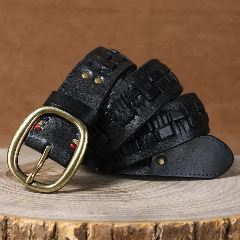 Handmade Braided Men Belt Genuine Leather Trendy Luxury Designer Belts Men Cowskin Retro Cowboy Jeans Casual Strap Male G810