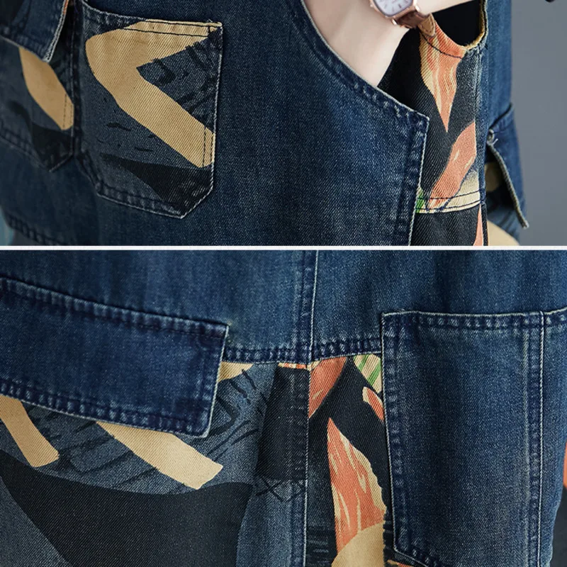 

Oversized Fashion 2021 Spring Autumn Women Abstract Denim Rompers Loose Jean Vintage Wild Female Casual Plus Size Long Pants