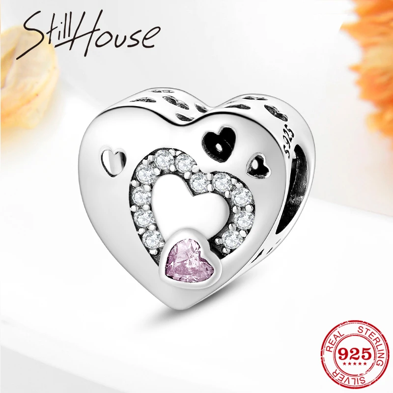 Hot 925 Sterling Silver Hollow heart clear and pink zircon bead Fit Original European Charms Bracelet Jewelry making | Украшения и