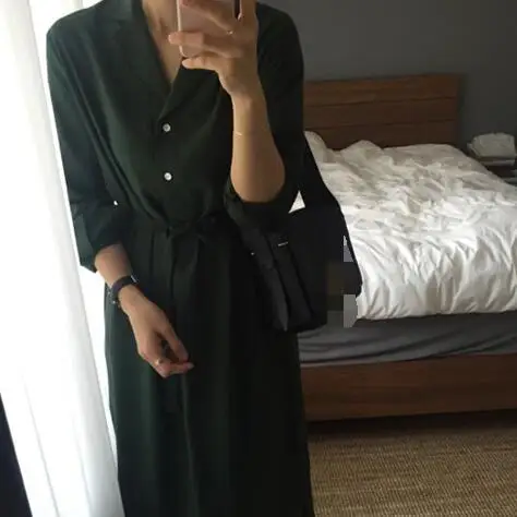 Однотонное женское платье-рубашка с длинным рукавом свободное платье Новинка