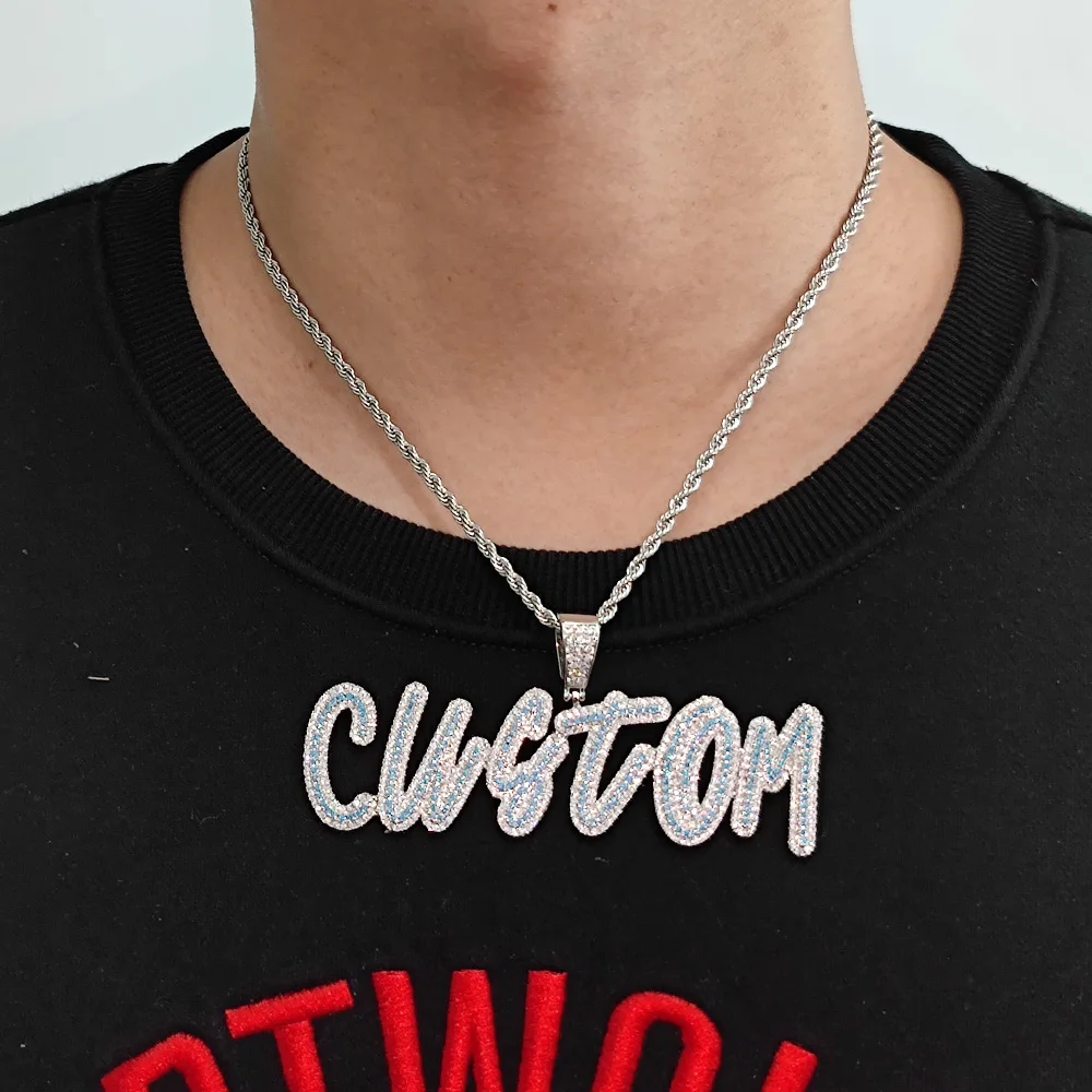 

Luxury Custom Name Letter CEO Blue Zircon Pendant Necklace 100% Micro Pave CZ Hip Hop Iced Out Tennis Chain Jewelry Necklace