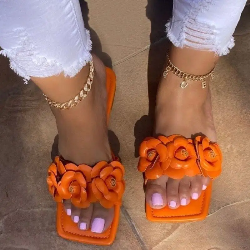 

2021 Summer Women Slipper Flat-Bottomed Flower Women Open Toe Outdoor Beach Fashion Durable House Slides Plus Size 43