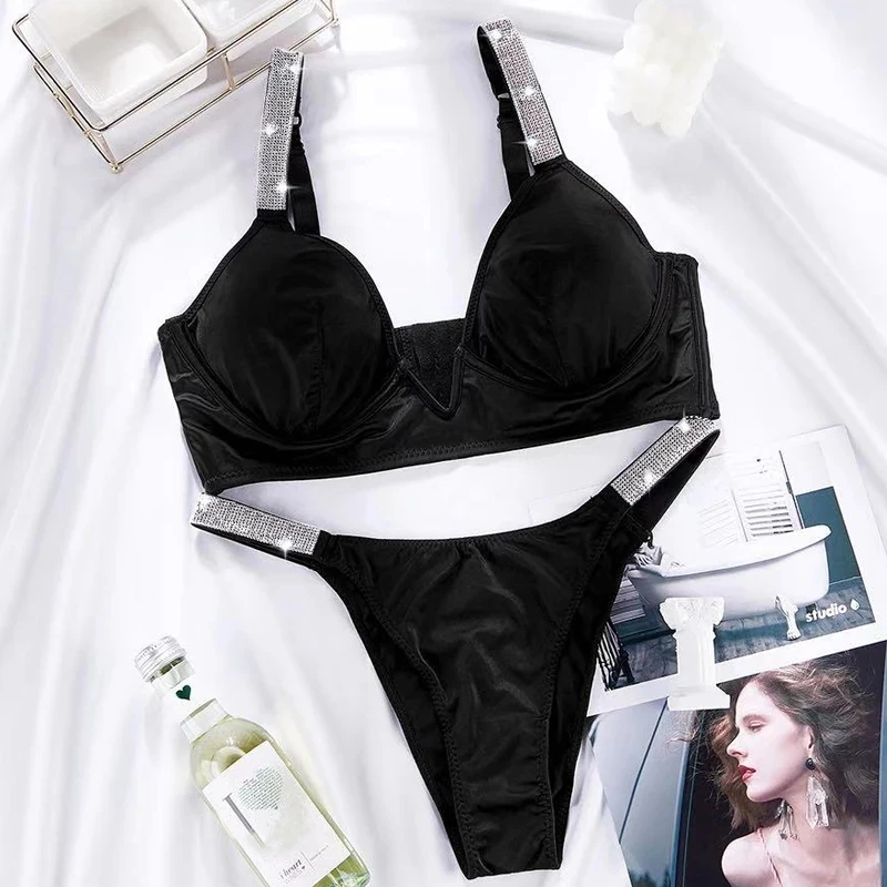 Sexy Letter Rhinestone Underwear Set Pink Women Brand Comfort Brief Sets Push Up Bra Panty 2 Piece Lingerie Sets lenceria mujer