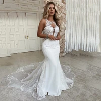 romantic mermaid wedding dresses scoop neck lace appliques bride dress open back sweep train bridal custom made
