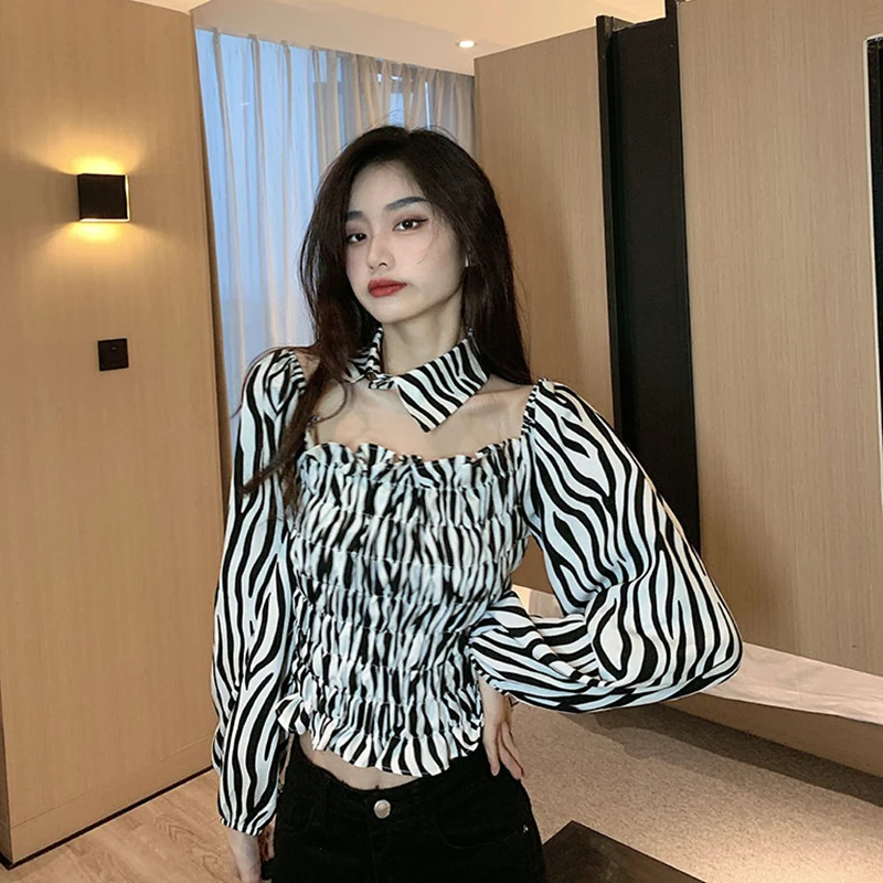 Модные женские рубашки поло на пуговицах с отворотом и принтом зебры свободная