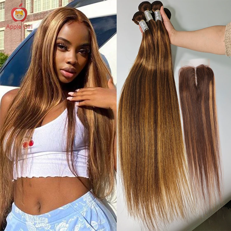 Highlight Transparent Lace Closure With Bundles 3 or 4 Human Hair Bundles With Frontal 13x4 Size Brazilian Straight Remy Hair