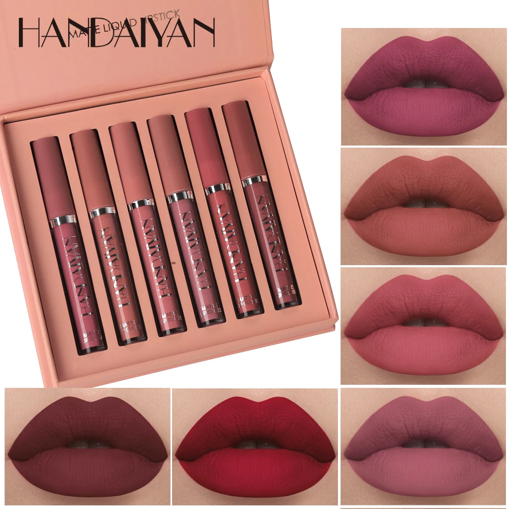 

6PCS/SET Handaiyan velvet matte lip gloss purple red earth nude pigment long lasting waterproof liquid lipstick cream HF184