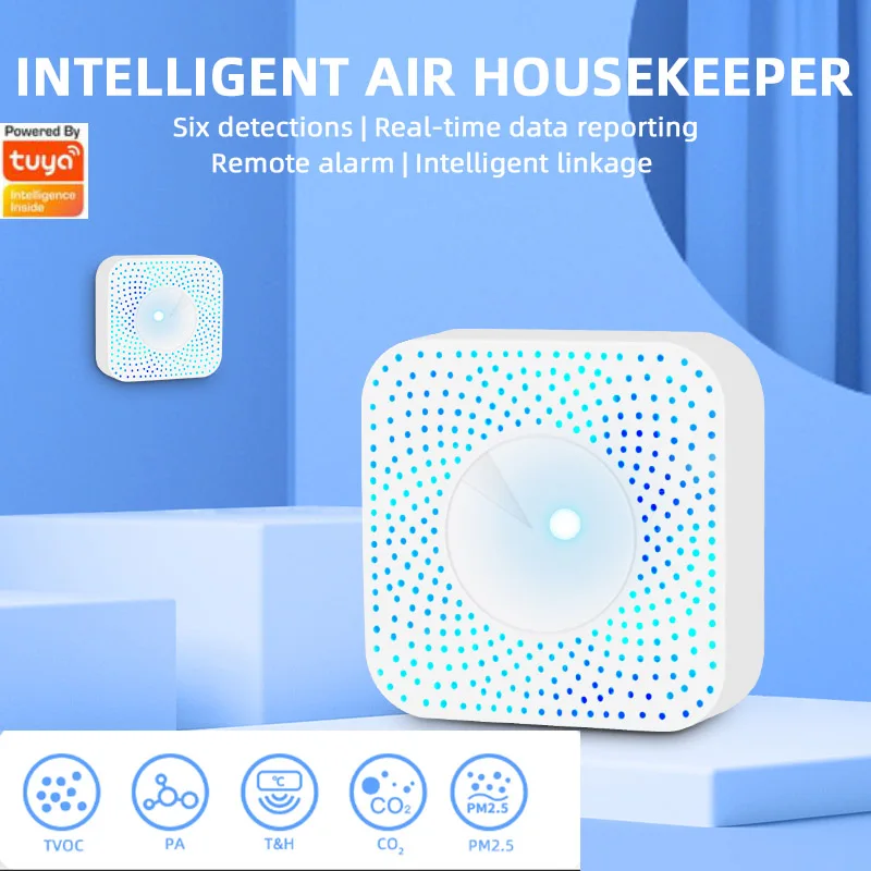 

Six-in-one Air Butler Tuya Smart WiFi Air Butler PM2.5 Formaldehyde VOC Carbon Dioxide CO2 Temperature and Humidity Air Detector