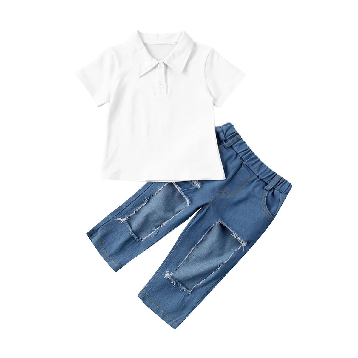 

AA 2020 Toddler Baby Girl Clothing Set Turn-down Collar T-shirt Tops + Ripped Pants Sunsuit Outfits Clothes Children Clothing