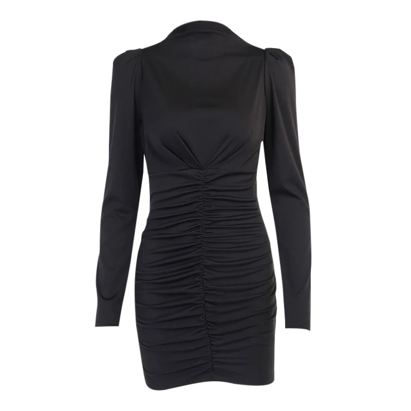 

InstaHot Casual Women Dress Long Sleeve Puff Sleeve 2021 Autumn Slim Vintage Streetwear Ruched Mini Dress Bodycon Solid Dress