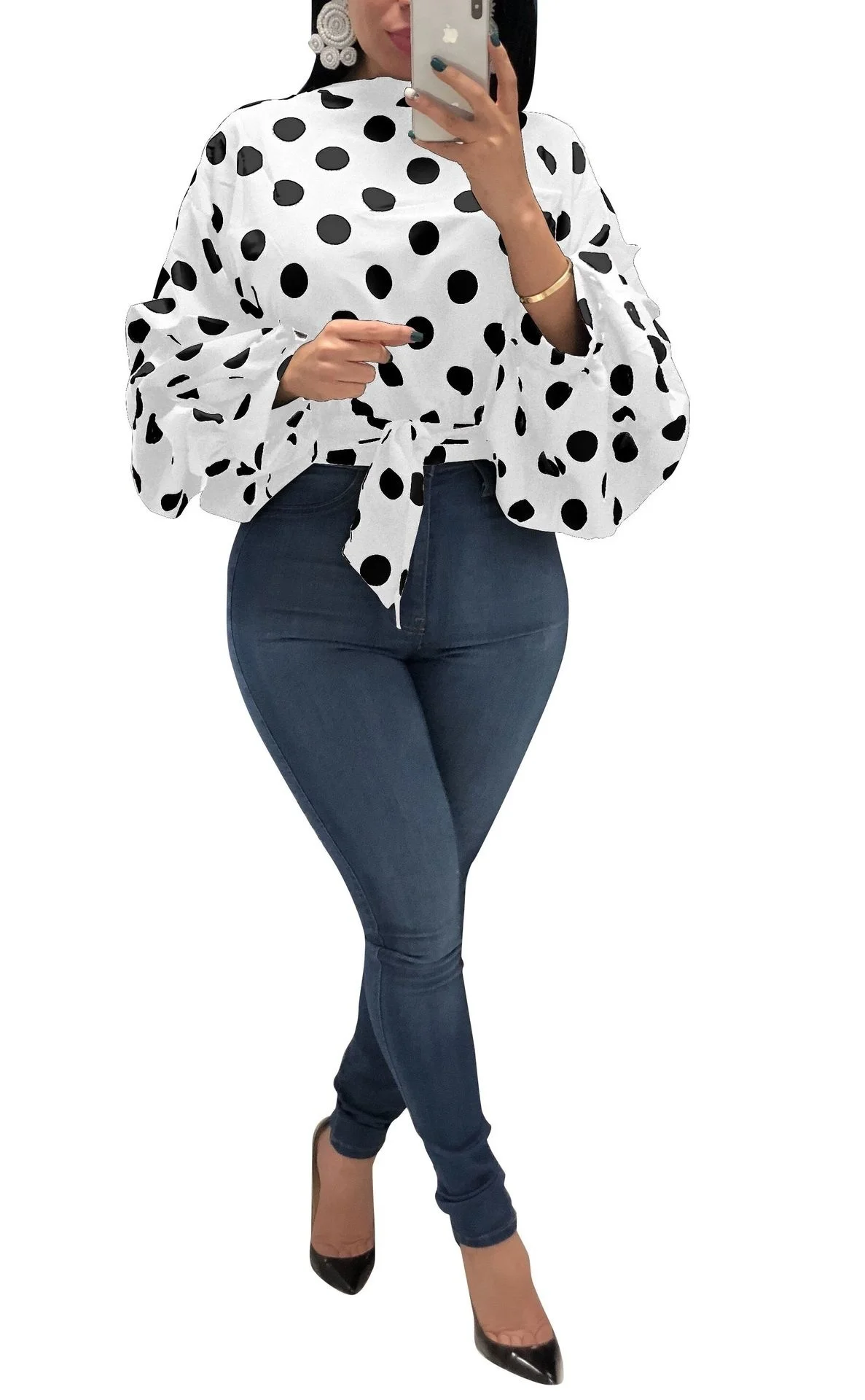 

Fashion Casual Loose O Neck Polka Dot Printing Lantern Long Sleeve Shirt Blouses Office Ladies Lace Up Blouse Women