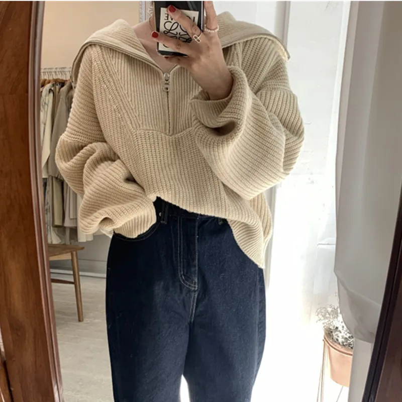 

Женский Теплый свитер на молнии, Свободный вязаный пуловер с высоким воротником и длинным рукавом, Осень-зима 2021