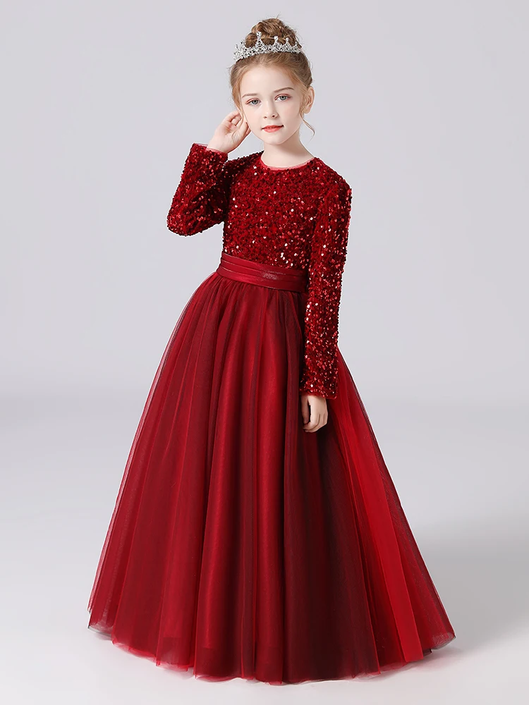 

Red Long Sleeve Kids Evening Dresses Shiny Sequin Tulle A-Line Floor-Length Children Formal Gowns For Wedding Party