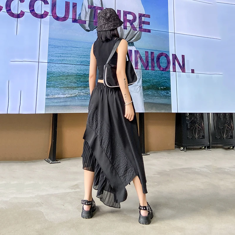 Женская ассиметричная юбка XITAO черная свободная универсальная с эластичным