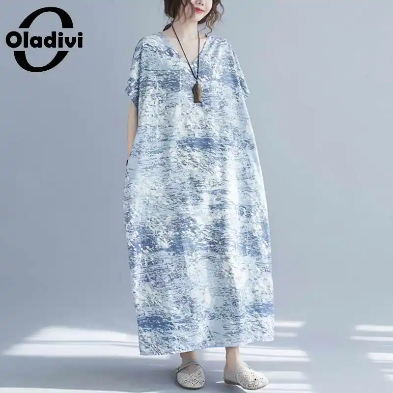 

Oladivi Oversize Fashion Print Women Oversize Cotton Linen Dress Summer 2021 New Lady Casual Dresses Tunic 3XL 4XL 5XL 6XL 7XL