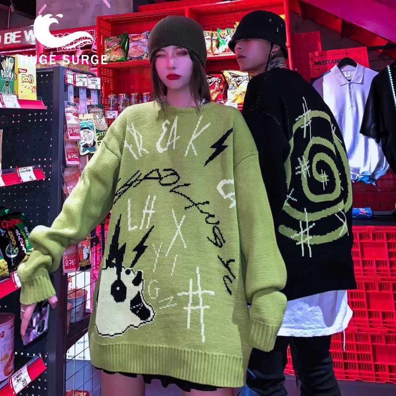 

Sweater Embroidered HipHop Long Sleeve Couple Sweater Oversize Ins Knitted Tops For Men High Street College Style