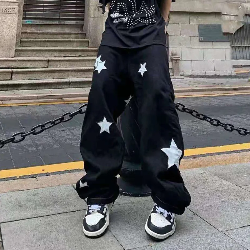 

Washed Five Stars Print Black Spliced Jeans Pants Mens and Womens Retro Straight Streetwear Vibe Loose Casual Denim Trousers