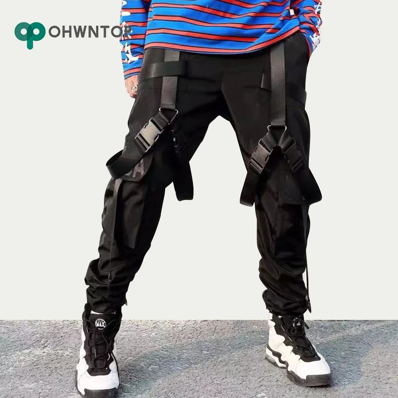 Мужские брюки шаровары с карманами несколькими пряжками лентами для бега