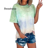new 2020 summer sexy tie dye print short sleeve t shirt o neck gradient color tee shirt women streetwear