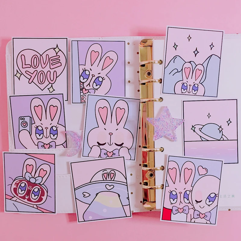 9 Pcs/pack Cute Pink Rabbit Gradient Sticker Mobile Phone Album Diary Handbook Cartoon Decoration Fun Sticker Scrapbooking