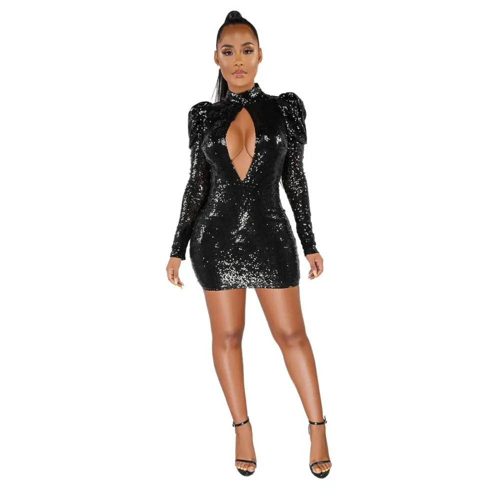 Женское Короткое облегающее платье с длинным рукавом золотыми блестками и